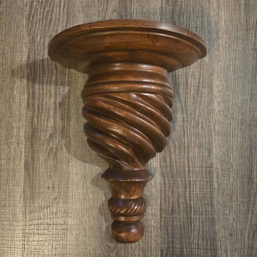 Vintage Thai Hand Carved Wood Wall Corbel Shelf Barley Twist Sconce Demilune 12"